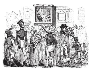 Punch ve Judy mi sahip karakterler, vintage çizgi çizme veya illüstrasyon oyma geleneksel popüler İngiliz kukla gösterisi.