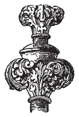 Yatak süsleri olan mimari aygıt, genellikle oyulmuş taş, üst, sonunda, köşe, bina ya da yapı, vintage çizgi çizme veya oyma illüstrasyon.