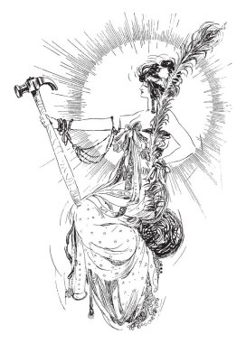 Büyük tutan bir kadın çekiç eller, vintage çizgi çizme ve gravür illüstrasyon