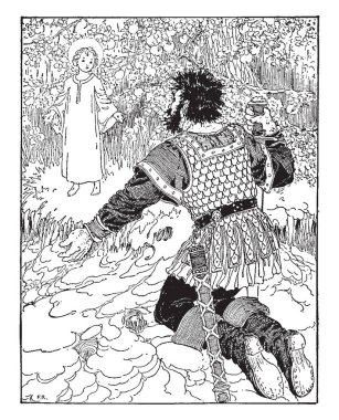 Dev bir adam Bahçe, vintage çizgi çizme içinde çocuğun önünde çökmüş veya illüstrasyon oyma