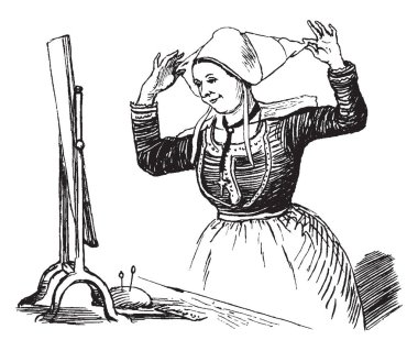 Bir bone, vintage çizgi çizme veya oyma illüstrasyon koyarak bir kadın