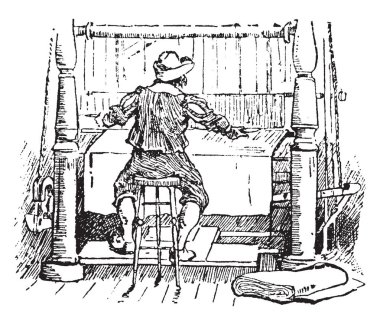 Dokuma tezgahı, vintage çizgi çizme veya oyma illüstrasyon bir adamla