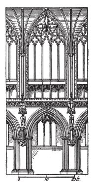 Bir koro Bay, Lichfield katedral olduğunu sadece ortaçağ İngiliz katedral, adl--dan önceki yüzyıllar, olarak manastır karmaşık, vintage çizgi çizme büyüyen veya illüstrasyon oyma.