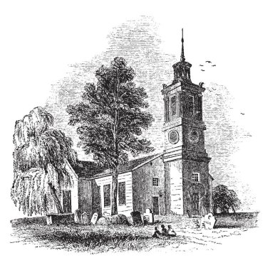 St Michael Kilisesi tarihi kilise ve günümüze kadar eski dini yapıdır; kilise evler bir saat, sömürge kez kalma çanları değiştirmek. Resimde Kilise Road, vintage çizgi çizim veya gravür illüstrasyon yanında yer.