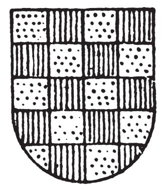 Checky sıradan sahip olan yirmi dama veya ve kırmızı gules renkleri, vintage çizgi çizme veya oyma illüstrasyon.