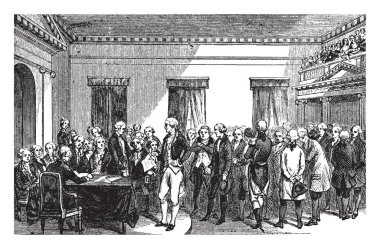 George Washington istifa Başkomutan Post, vintage çizgi çizme veya oyma illüstrasyon.