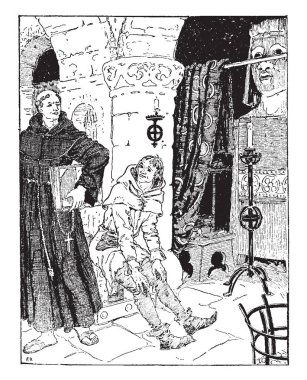 Peder Bacon ve keşiş Bungay, bu sahne ile kitap çapraz elinde tutan bir ayakta adam ve kilise, vintage çizgi çizme gözü üstünde veya illüstrasyon oyma oturan bir adam gösterir