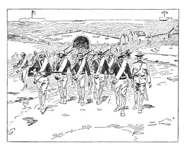 Amerikan askerleri girerek Pekin boksör isyanı, vintage çizgi çizme veya oyma illüstrasyon sırasında.