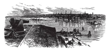 Newport County, vintage çizgi çizme veya oyma illüstrasyon Aquidneck adada sahil şehri olan Newport ve Rhode Island.