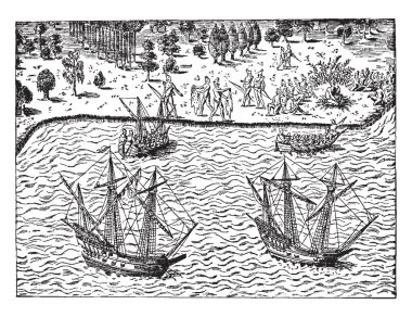 Jean kim 150 kolonistler filosundaki Atlantik Okyanusu, vintage çizgi çizme veya oyma illüstrasyon geçti Ribaultwas bir Fransız Deniz subayı, navigator ve Florida'nın bir sömürge.