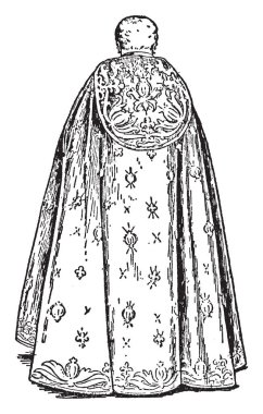 Adam bir arka yıpranmış bir tarafında uzun bir giysi hangi flowerily tasarımlar bu ve bu on yedinci yüzyıl coronations baş olarak bilinen, vintage çizgi çizme veya oyma illüstrasyon vardı.