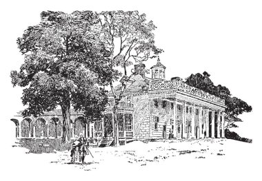 Mount Vernon, Alexandria, Virginia bulunan George Washington ABD'nin ilk başkanı plantasyon evi olduğunu. Birbirleri ile avlu, vintage çizgi çizme veya oyma illüstrasyon yürüyor bir kaç.