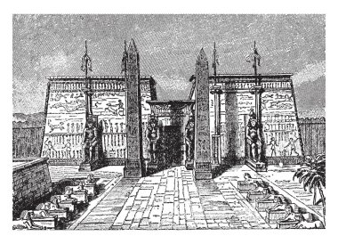 Luksor Tapınağı, büyük antik Mısır Tapınağı, bulunan karmaşık, Mısır dili, Güney harem, vintage çizgi çizme veya oyma illüstrasyon.