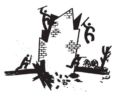 Tırmanma bir ev, vintage çizgi çizme veya illüstrasyon oyma dört adam