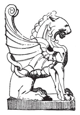 Kanatlı aslan oturan Casa S. Isidora Santiago, vintage çizgi çizme veya oyma illüstrasyon bulundu.