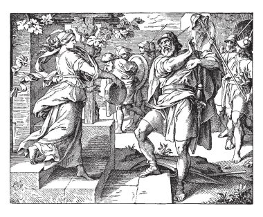 Jephthah toplantı kızı, bu sahne merdivenlerin üzerinde duran ve bir şey elinde tutan erkek arayan insanlar arka plan, vintage çizgi çizme veya oyma illüstrasyon spears ile yaşlı bir adam gösterir.