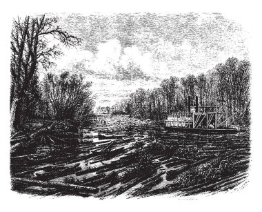 Bu örnek günlük alanı sitesinden kereste fabrikası, vintage çizgi çizme veya oyma illüstrasyon taşıma bir ortalaması olan sürüş temsil eder.