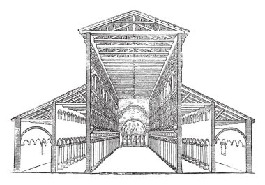 Eski St Peter's Basilica, bölüm ve beş nefli bazilika'nın iç görünüm, büyük zira bazen var beşe kadar koridorları, ana koridor orta, vintage çizgi çizme veya illüstrasyon oyma.