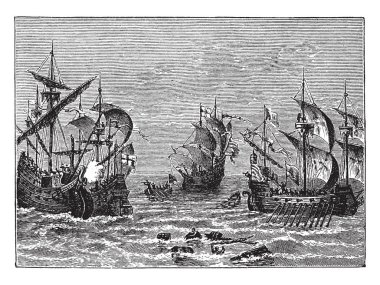 English and Spanish Warships 1588 which is a ship that is built and primarily intended for combat, vintage line drawing or engraving illustration. clipart