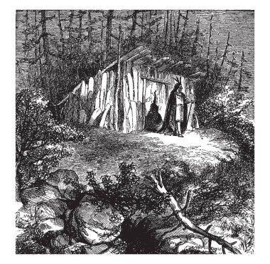 Bir Massasoit'ın Lodge bu. Bu ahşap malzeme ile inşa edilmiştir. Ev, vintage çizgi çizme tarafa yürüyüş veya illüstrasyon oyma bir adam.