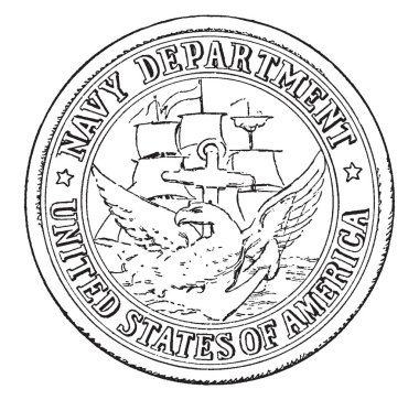 Amerika Birleşik Devletleri Deniz Kuvvetleri Departmanı mührü, bu daire şekli mühür gemi ve deniz ile kartal Center, Amerika Birleşik Devletleri Donanması seal, vintage çizgi çizme veya oyma illüstrasyon yazılı bölümü vardır 