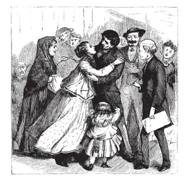 Birbirleriyle ve onları, vintage çizgi çizme bakarak veya illüstrasyon oyma çocuk tebrik arkadaş grubu