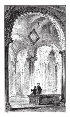 Bir adam oturuyor ve bir tezgah, vintage çizgi çizme veya oyma illüstrasyon önünde duran Katedrali dışında bir tezgah olduğunu.