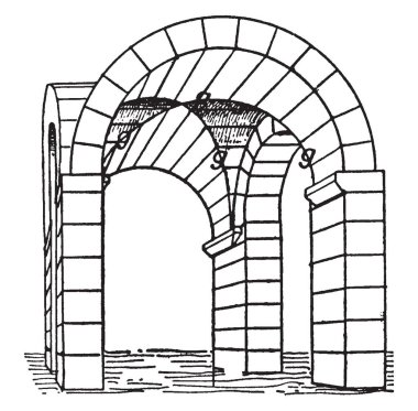 Kasık kasa kenar arasında kesişen tonoz, varil veya çapraz tonoz, vintage çizgi çizme veya oyma illüstrasyon ifade eder..