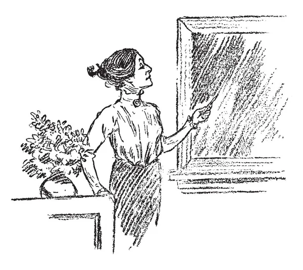 Una Mujer Pie Cerca Mesa Mirando Por Ventana Línea Vintage — Vector de stock