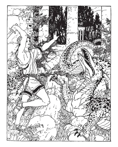 ドラゴンスレイヤー それは少年とドラゴン 彼は彼の剣 ビンテージの線描画や彫刻イラストの森でドラゴンを殺すためにしようとしています — ストックベクタ