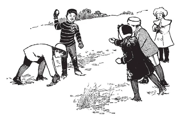 Маленькие Дети Делают Снежный Шар Бросают Друг Друга Винтажные Линии — стоковый вектор