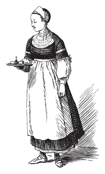 Женщина Подносом Рисунком Винтажной Линии Гравировкой — стоковый вектор