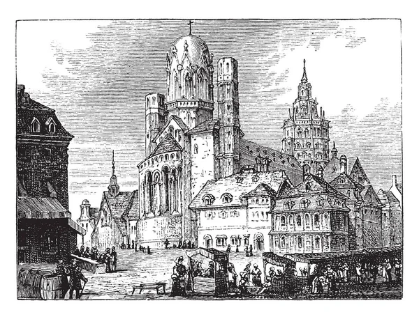 Mayence 大教堂担当了大教堂为美因法主教直到 Willigis 的任命作为美因法大主教在 975 复古线图画或雕刻例证 — 图库矢量图片