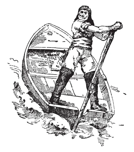 Scull Hombre Que Utiliza Solo Scull Para Remar Barco Dibujo — Archivo Imágenes Vectoriales