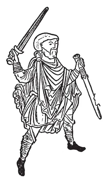 Человек Держащий Мечи Каждой Руке Рисунок Винтажной Линии Гравировка Иллюстрации — стоковый вектор