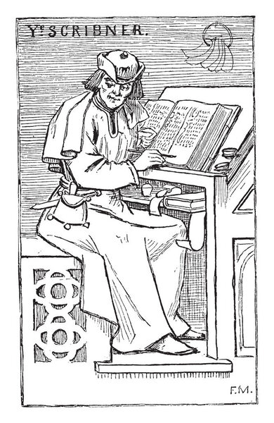 This illustration represents Scribe who copies out documents, vintage line drawing or engraving illustration.