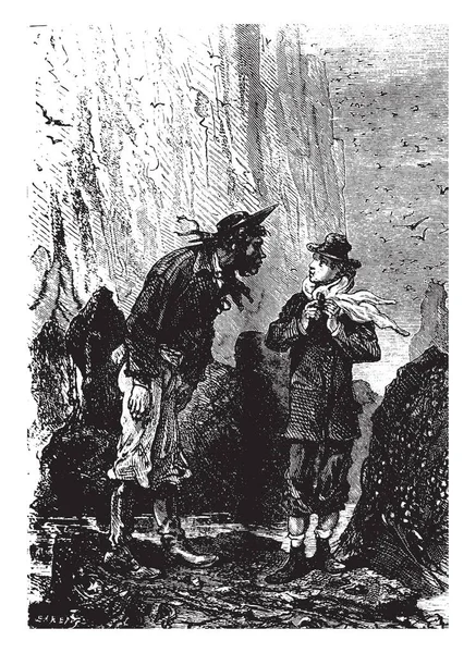 男性と少年と背景 ビンテージの線描画や彫刻イラスト山中に話 — ストックベクタ