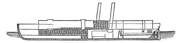 路易斯安那号的火药船是一艘爆炸性的载货船 被指定炸毁 作为对费舍尔的攻击 老式的线画或雕刻插图 — 图库矢量图片