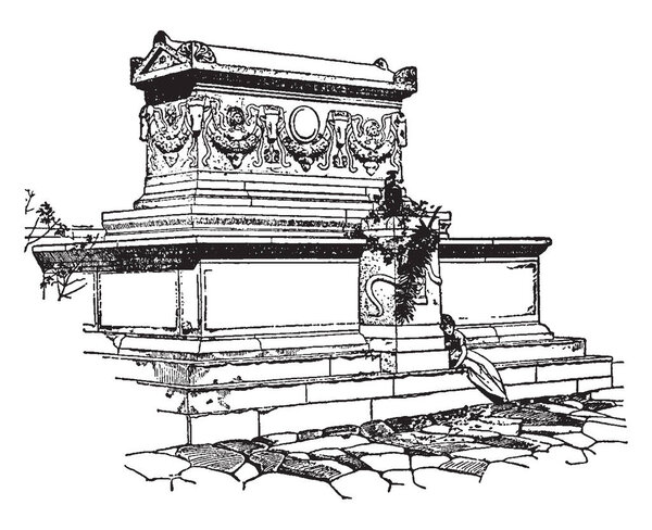 Гроб, как структура из камня, чтобы защитить трупы, в Древнем Египте, рисунок винтажной линии или гравировка иллюстрации
.
