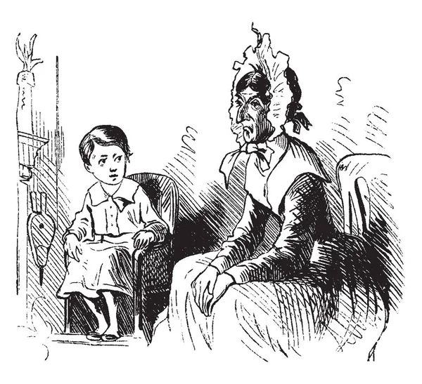 小さな男の子が椅子に座っていると彼 ビンテージの線描画や彫刻イラスト近く座っている老婦人を見て — ストックベクタ