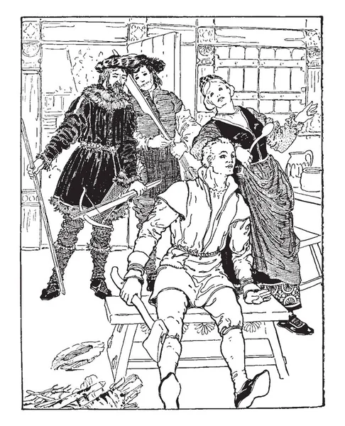 古斯塔夫 这个场景显示一个男人坐在桌子上 手里拿着斧头 两个人站在他身后 手持武器和说话 一个站在他身后的女人手持勺子 老式的线条画或雕刻插图 — 图库矢量图片