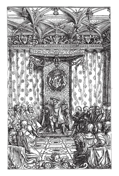 Henry VIII in Council is an engraving print from Chronicles of England, vintage line drawing or engraving illustration.