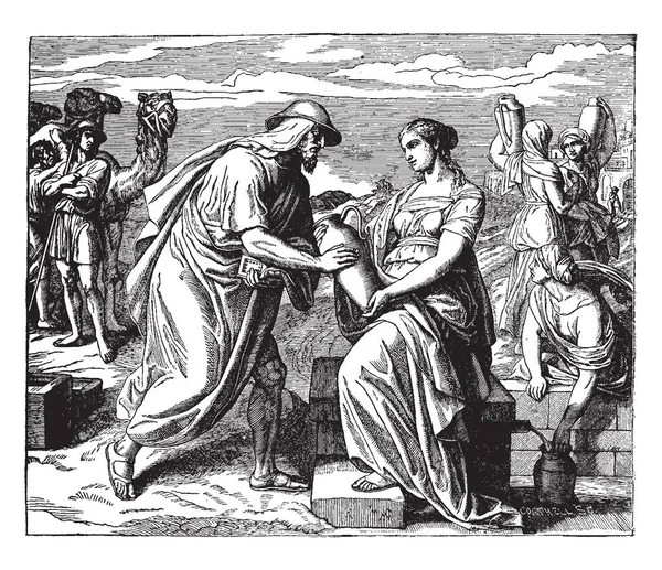 Abraham Servant Meeting Rebekah Scene Shows Woman Water Jar Man — Stock Vector