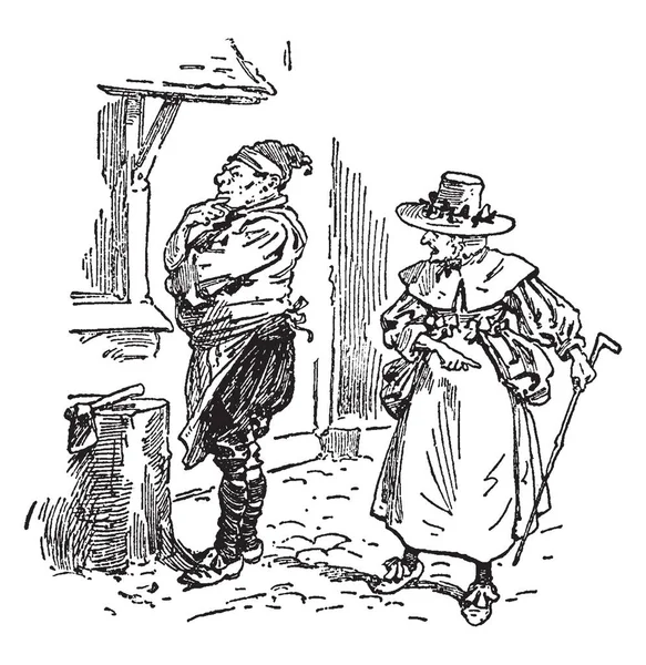 Una Mujer Hablando Con Hombre Ignorándola Dibujo Línea Vintage Ilustración — Vector de stock