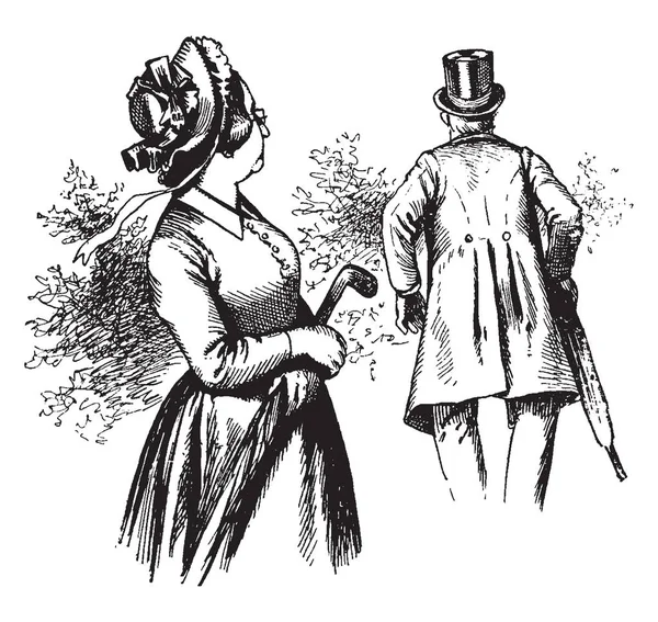 Una Donna Con Ombrello Guardando Uomo Allontanarsi Lei Linea Vintage — Vettoriale Stock