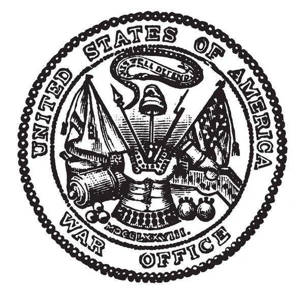 战争和军械委员会印章 1776 这个封印显示蛇 二旗子 大炮并且战士制服 复古线绘画或雕刻例证 — 图库矢量图片