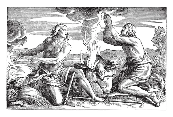 该隐和亚伯向主献祭 这一幕显示两个人坐在一起 在死亡后 在他们中间 斧头在地上 老式的线条画或雕刻插图 — 图库矢量图片
