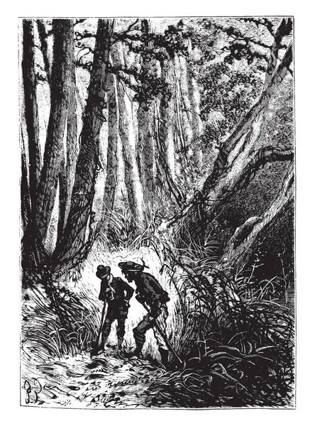 两个人穿过森林 拎着铲子 复古的线条画或雕刻插图 — 图库矢量图片