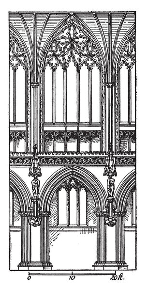 One Bay of Choir, Lichfield Cathedral is the only medieval English cathedral, as many from previous centuries, growing monastic complex, vintage line drawing or engraving illustration.