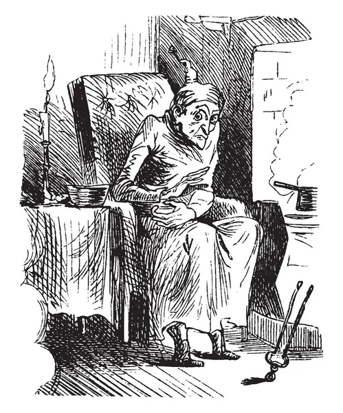 一个坐在椅子上的老人和点燃的蜡烛放在他附近的桌子上 老式的线条画或雕刻插图 — 图库矢量图片